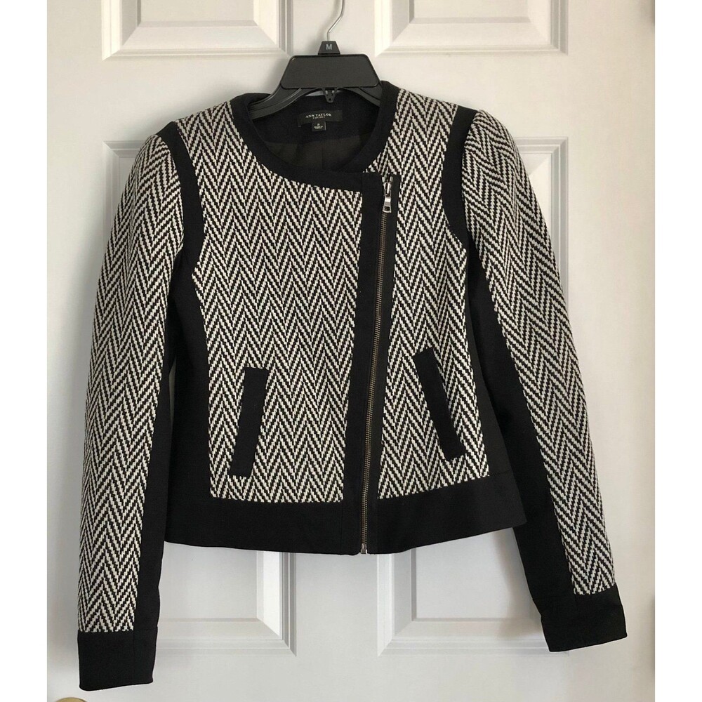 Ann Taylor Jacket Women's Size 2 Herringbone Moto Full Zipper two pockets